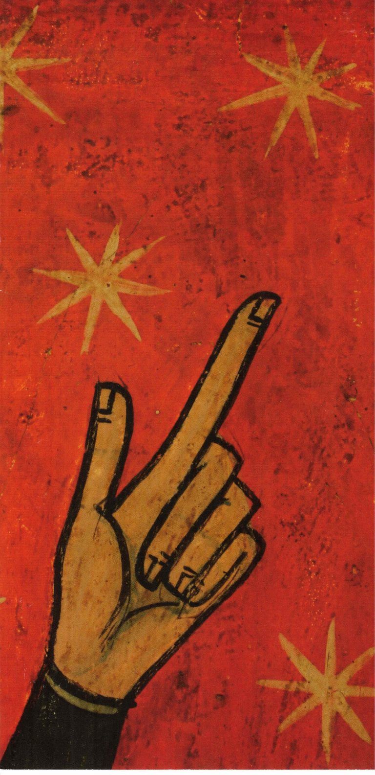 Une main fait un geste symbolique contre la chance. Fond rouge avec des étoiles jaunes.